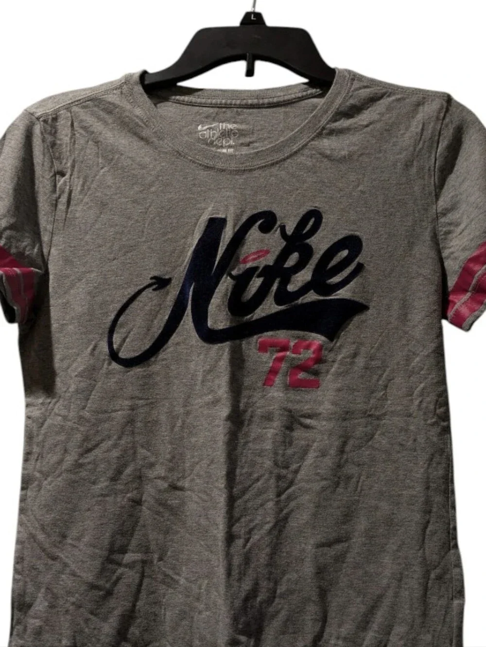 Nike Gray Crewneck Tee with Pink Sleeve Stripes and Navy Script